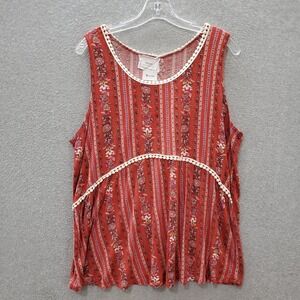 Mauve Women Tank‎ Top Medium Red Floral Striped Boho Crochet Sleeveless Pullover